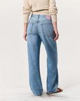 A person wearing Rag & Bone's Logan Pant—light blue, high-waisted wide-leg jeans made from Featherweight denim—plus a beige sweater, seen from the back. The jeans have two back pockets and a pink label on the waistband.