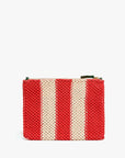 The Clare Vivier Flat Clutch W/ Tabs S25 is a rectangular woven bag with vertical red and cream stripes and a top zipper closure.