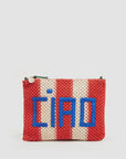 The Clare Vivier Flat Clutch W/ Tabs S25 is a crocheted cotton pouch with red and white stripes and bold blue "CIAO" lettering, featuring a top zipper—perfect for organizing your essentials in style.