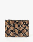 The Clare Vivier Flat Clutch with Tabs 26 features a brown and black snakeskin pattern, gold zipper, and a small round gold tag on the pull, shown against a plain white background.