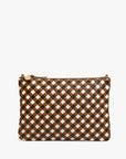 The Clare Vivier Flat Clutch with Tabs 26 features a zip closure, handwoven leather checkerboard pattern in brown, black, and cream, a leather pull tab, and a small round gold charm on the zipper.