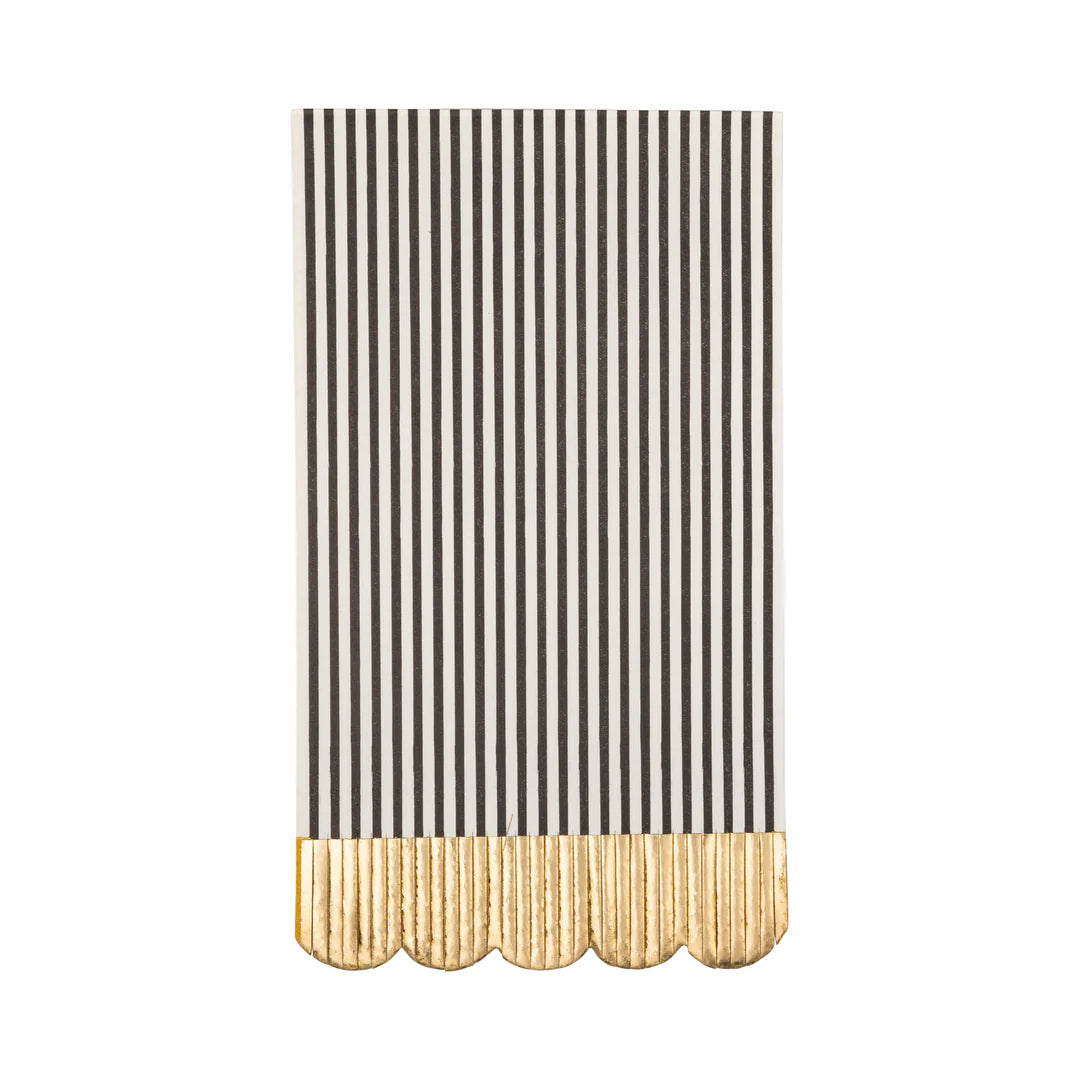 The My Mind's Eye Guest/Dinner Napkin features vertical black and white stripes with a scalloped gold foil edge, adding stylish elegance to your table. Perfect for special occasions or everyday use.