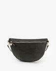 The Grande Fanny by Clare Vivier is a black, textured, handwoven leather half-moon crossbody bag with an adjustable strap and gold zipper hardware, shown against a plain white background.