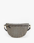 The Grande Fanny S25 by Clare Vivier is a crescent-shaped crossbody bag in black and cream checkerboard handwoven leather, featuring a top zipper, adjustable strap with gold hardware, shown on a white background.