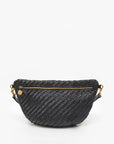 The Grande Fanny S25 by Clare Vivier is a black handwoven leather crossbody bag with gold zipper and hardware, an adjustable strap, shown against a plain white background.