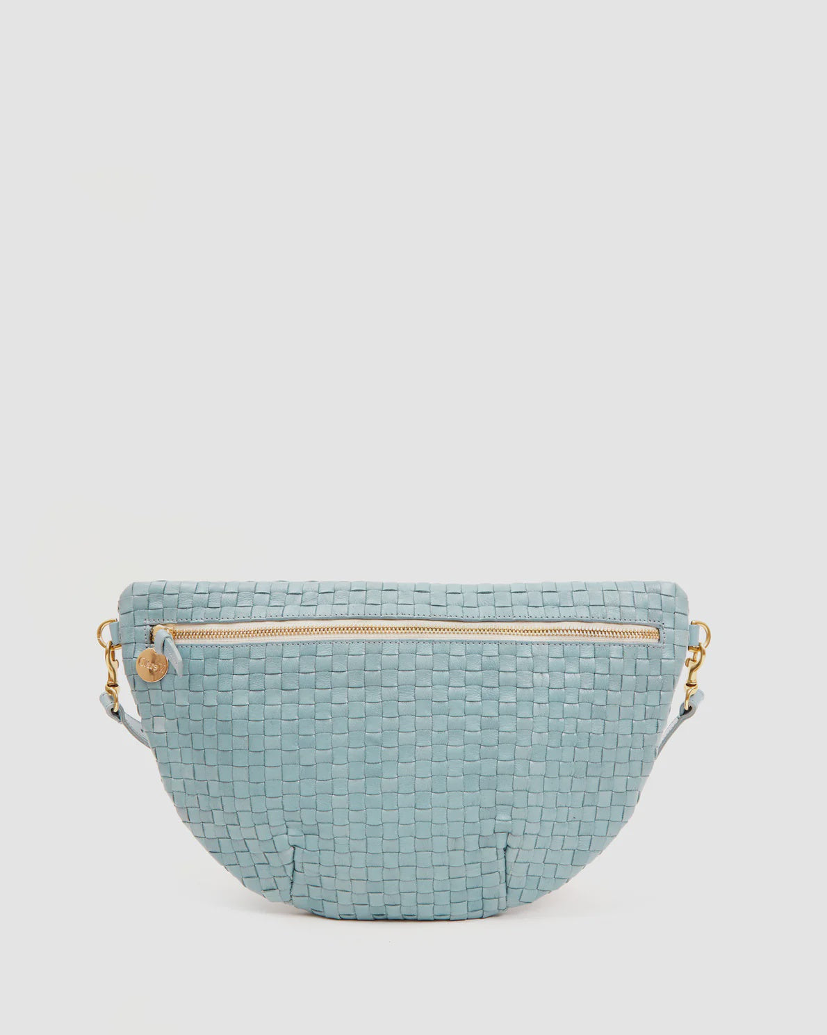 A light blue Grande Fanny Woven Checker bum bag with gold-toned hardware on a white background by Clare Vivier.