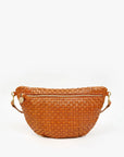The Grande Fanny S25 by Clare Vivier is a brown handwoven leather crossbody bag with a gold zipper and adjustable strap, displayed against a plain white background.