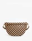 The Clare Vivier Grande Fanny S26 is a crescent-shaped handwoven leather bag with a brown, black, and white checkered pattern, gold front zipper, and brown strap with gold hardware. Shown on a plain white background.