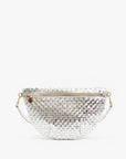 The Grande Fanny S25 by Clare Vivier is a metallic silver handwoven leather crossbody bag featuring a zipper closure, gold hardware, and a detachable adjustable strap, shown against a plain white background.