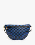 The Grande Fanny by Clare Vivier is a blue and black checkered handwoven leather bag featuring a large gold zipper pocket, gold hardware, and an adjustable strap, shown against a plain white background.