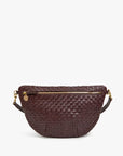 The Grande Fanny S26 by Clare Vivier is a brown handwoven leather crossbody bag featuring a gold zipper and a short, adjustable strap, shown against a plain white background.