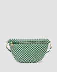 The Grande Fanny S25 by Clare Vivier is a stylish green and white checkered crossbody bag with a curved shape. It features a gold front zipper, gold-tone hardware on its adjustable strap, and boasts minimalist design against a plain background.