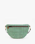 The Grande Fanny S25 by Clare Vivier is a handwoven leather bag featuring a green, black, and white checkerboard pattern, gold zipper, and black adjustable strap, displayed on a plain white background.