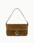 Brown suede shoulder bag with top handle, decorative stitching, silver clasp; Staud Harlow Bag at Bungalow Furniture.