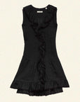 The DOEN Henrietta Dress is a sleeveless black ramie mini dress with lace-trimmed ruffles at the neckline, front, and hem. Featuring a fitted bodice and flared skirt, it’s shown laid flat on a light backdrop.