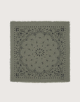 Khaki chine bandana with black paisley and floral print, frayed edges by KUJTEN, machine washable.