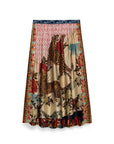 The Vanessa Midi Skirt by Me369 is a vibrant viscose midi featuring leopard and tiger illustrations among foliage, decorative borders, an elastic waist, and "CASE OF CIDER" at the hem. Pair it with the matching shirt for a bold look.