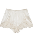 The Iona Short by DOEN features cream-colored silk satin, a high waist, delicate floral lace trim at the hem, a loose fit, and an elastic waistband for comfort.