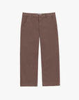 Frank & Eileen's Westport Italian wide leg chinos, in brown with front pockets, belt loops, and button closure, are laid flat on a white background.