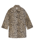 The Car Coat by The Great Inc. is a long-sleeve, knee-length midcentury coat with a classic collar and button-down front, made from crushed faux fur leopard print in beige, brown, and black.