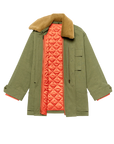 The Great Inc.'s Quilted Liner Parka is an olive green vintage-inspired jacket with a removable faux fur collar, bright orange quilted lining, multiple exterior pockets, and is displayed open to showcase its interior design.
