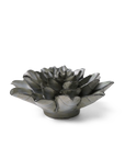 The Goyet Azalea Grey by Chive Ceramics (thru Faire) is a metallic lotus-shaped decorative bowl with layered curved petals and a polished finish, ideal for pairing with floral decor or ceramic flower wall hangings. Displayed on a plain white background.