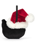 The Jellycat Jack Decoration from Jelly Cat Inc. is a plush black bird ornament with a red and white Santa hat, white pom-pom, and black hanging loop—ideal for festive decor.