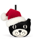 The Jellycat Jack Decoration by Jelly Cat Inc. is a plush black cat face ornament with white eyes, a smiling mouth, and a red-and-white Santa hat—purr-fect for adding feline festive charm to your Christmas décor!.