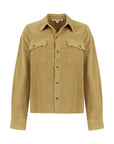 The Jenn Shirt by AMO Denim is a tan corduroy shirt made from organic cotton, featuring long sleeves, a collar, and two classic western-style chest pockets.