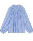 The Jonie Top by DOEN is a light blue and white Salerno Stripe long-sleeved blouse with a loose fit, gathered neckline, and button-down front, shown against a plain white background.