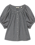 Black and white gingham blouse with short puff sleeves and front buttons by DOEN, organic cotton.