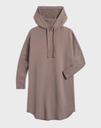 The Mini James Hoodie Cape Dress by Frank & Eileen features a relaxed fit, long sleeves, drawstring hood, taupe color, and a slightly curved hem for effortless style and comfort.