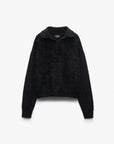The jada brushed cashmere sweater by Rag & Bone is a black, oversized, long-sleeve pullover with a fuzzy texture, high collar, and front buttons, shown against a plain white background.