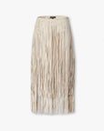 The Rag & Bone jasmine fringe skirt features long beige fringe that extends past the hem for a layered, flowing look. With a fitted waistband and smooth upper, this suede party skirt offers standout style.
