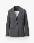 The jennifer striped combo blazer by Rag & Bone is a gray wool-blend blazer with white pinstripes, two front flap pockets, a notched lapel collar, and two buttons. Shown on a white background with visible pinstripe lining.