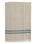 The Caravan Vintage Linen Towels Set-2, from our handmade table linens collection, includes beige towels with two parallel blue stripes near one edge, shown neatly folded on a white background.