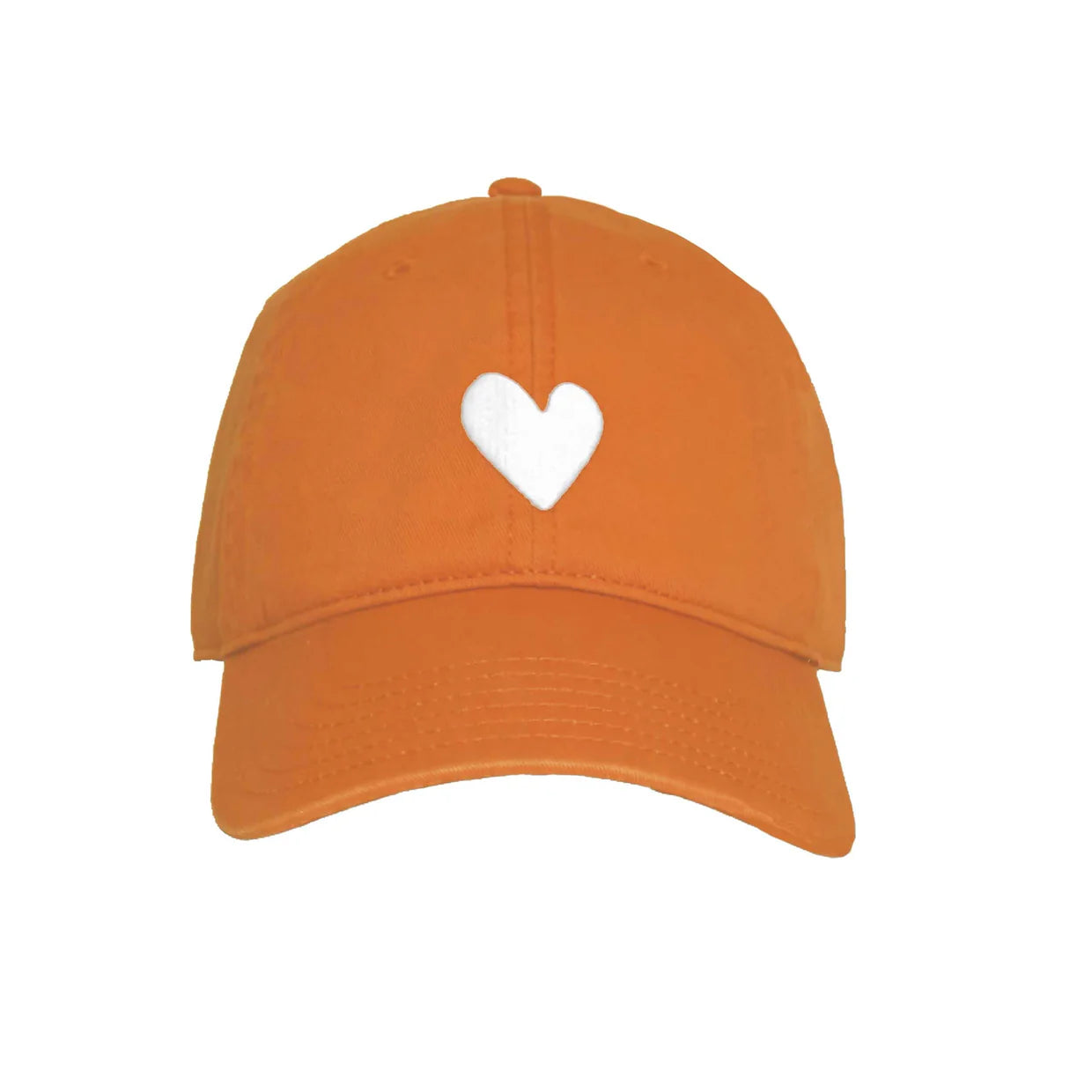 The Kerri Rosenthal Embroidered Heart Hat is an orange baseball cap with a front heart embroidery, shown against a plain white background.