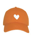 The Kerri Rosenthal Embroidered Heart Hat is an orange baseball cap with a front heart embroidery, shown against a plain white background.