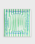 The Le Sunshine Stripe Decorative Bowl 7x7x2 by Kerri Rosenthal features a square design with a central circular indentation, green vertical stripes, and blue cursive writing along the edges on a pristine white background—perfect for enhancing any coffee table.