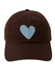 Cocoa chambray hat with a light blue embroidered heart, Kerri Rosenthal Imperfect Heart Hat.
