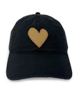 The Kerri Rosenthal Embroidered Heart Hat is a black collegiate cap with a tan heart-shaped embroidered patch on the front, shown against a white background.