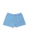 The Agnes by Kule: blue and white cotton knit shorts with a mini stripe pattern and elastic waistband, shown on a white background.
