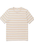 The Modern by Kule: a beige short-sleeve t-shirt with white and light blue horizontal stripes, made from premium Portuguese cotton—an editor favorite—shown flat against a white background.