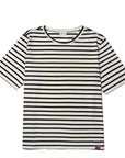 The Modern by Kule is a white short-sleeve tee made from Portuguese cotton, featuring black horizontal stripes and a small red and blue rectangular tag near the bottom hem.