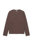 The Modern Long by Kule is a modern long sleeve tee made from soft Portuguese cotton, featuring horizontal white stripes on a dark brown background and shown laid flat on a white surface.