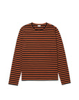 The Modern Long by Kule—a long-sleeve shirt made from soft Portuguese cotton with black and orange stripes—is shown flat on a white background.