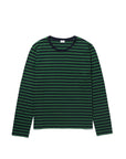 The Modern Long by Kule is a lightweight, long sleeve shirt with horizontal navy blue and green stripes, made from premium Portuguese cotton. Shown laid flat on a white background.