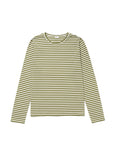 The Modern Long by Kule is a lightweight women's long sleeve tee featuring horizontal olive green and white stripes, crafted from soft Portuguese cotton and displayed on a white background.