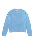 The Peyton by Kule is a 100% cotton, long-sleeve crew-neck sweater featuring blue and white horizontal stripes, shown laid flat on a white background.