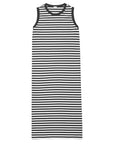 The Tank Dress by Kule is an elegant maxi dress with a sleeveless design and black and white stripes, made from soft organic cotton. Exquisitely crafted in Portugal, it offers timeless style for any setting.